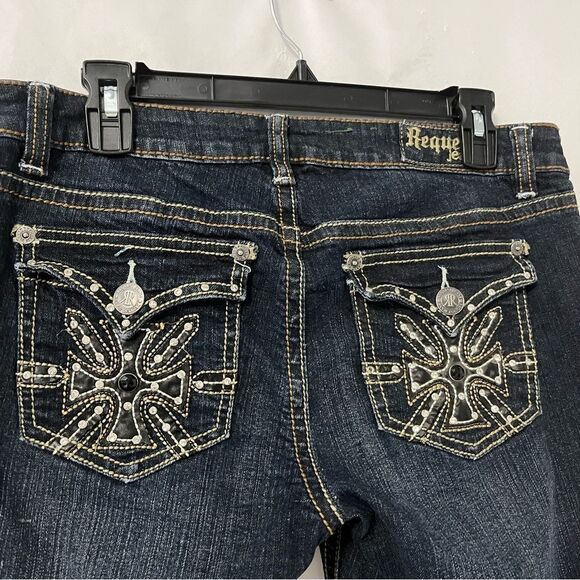 Request Jeans Dark Denim Flap Embellished Pockets Boot Cut Distressed Size 13/32 - Picture 4 of 6